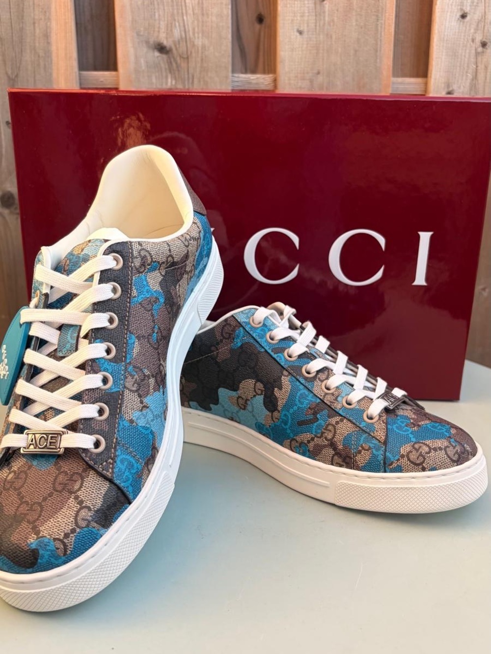 Gucci Blue & Brown GG Camouflage Ace Sneakers